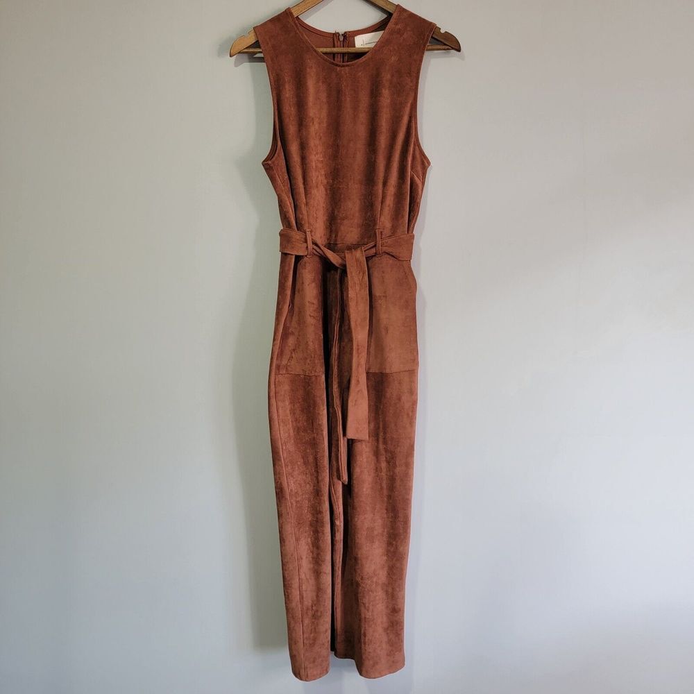 Anthropologie Women's Brown Faux Suede Sleeveless Belted Crop Jumpsuit Sz Medium